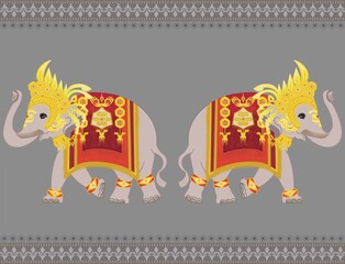 Thai elephant seamless pattern with Apsorn dress in red golden ornaments,Apsara crown in Angkor period, concept for elephant pants design, home decoration,fabric fashion print ,tile.textile industry.