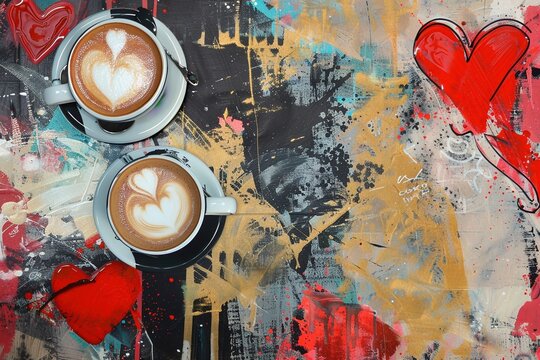 Coffee Break Graffiti: Artistic Painting of Coffee Cups and Espresso in Graffitied Assemblage Style, with Light Black and Red Accents