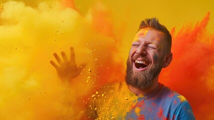 A bearded man with a bright smile is captured mid-laughter, his face and a T-shirt stained with vivid hues of yellow, orange, and blue powders. He appears to be in the midst of a vibrant burst of colo - Powered by Adobe