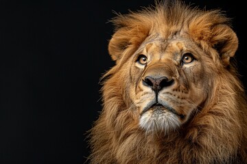Fototapeta premium Powerful Presence: Portrait of Male Lion, Intricate Details Set Against Plain Black Background