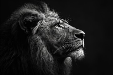 Powerful Presence: Portrait of Male Lion, Intricate Details Set Against Plain Black Background