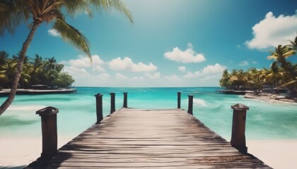 Tropical pier to paradise island beach. Amazing ocean lagoon, sea horizon under blue sky.