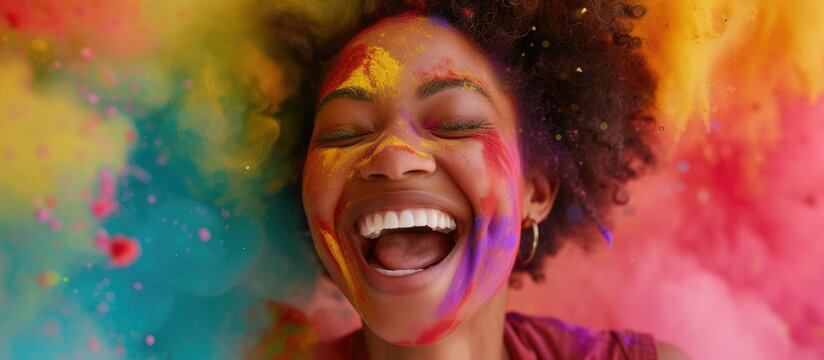 This image captures a person in a moment of happiness, with a wide smile and eyes closed, surrounded by a vibrant burst of colored powder that adds a dynamic and celebratory feel to the scene. The pow