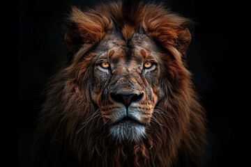 Regal Lion: Portrait Highlighting Intricate Details on Plain Black Background