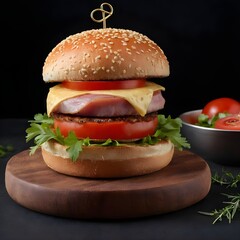 Gourmet Ham and Cheese Burger on a Wooden Serving Board Against Black Background