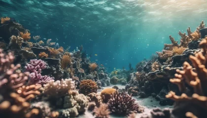 Keuken spatwand met foto Underwater coral reef seabed view with horizon and water surface split by waterline © Adi
