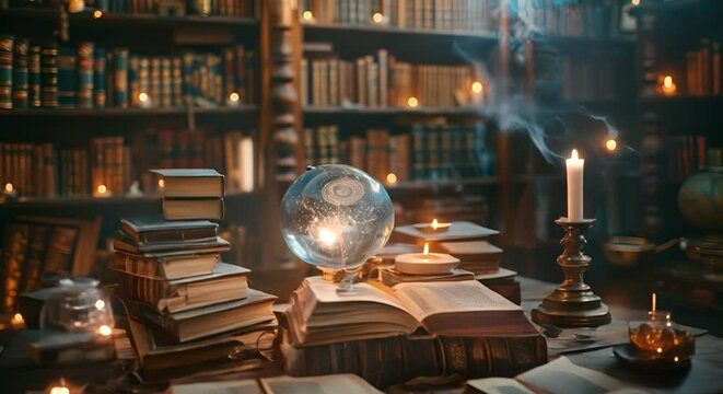 A young wizard's library with spellbooks that teach the magic of science and math