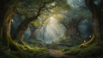 Fantasy forest with a path leading to the old tree.