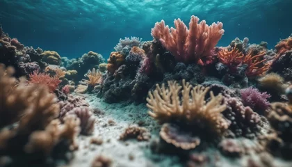 Foto op Plexiglas Underwater coral reef seabed view with horizon and water surface split by waterline © Adi