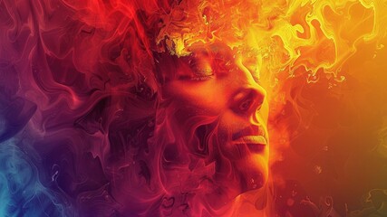 Captivating portrait: woman's face, psychedelic hues, promoting calm, relaxation, and mental wellness. Ideal for conveying serenity and inner beauty. - obrazy, fototapety, plakaty