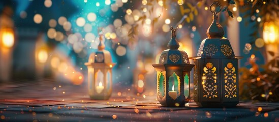 The lantern illustration creates a beautiful and shining atmosphere, symbolizing joy and generosity at important religious celebrations. - obrazy, fototapety, plakaty
