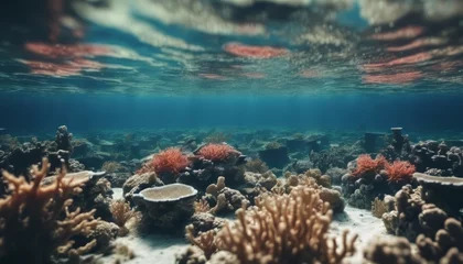 Foto auf Acrylglas Underwater coral reef seabed view with horizon and water surface split by waterline © Adi
