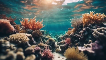 Fotobehang Underwater coral reef seabed view with horizon and water surface split by waterline © Adi