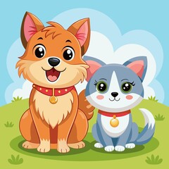 Cute dog and cute cat cartoon illustration