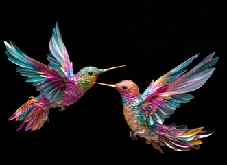 Paper art hummingbirds in flight on a black background