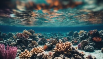 Fototapeta na wymiar Underwater coral reef seabed view with horizon and water surface split by waterline