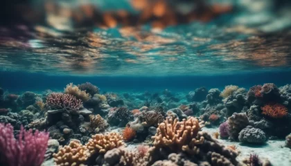  Underwater coral reef seabed view with horizon and water surface split by waterline © Adi