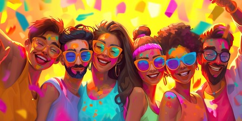 The image captures a lively moment among a diverse group of friends celebrating the Holi festival, characterized by their wide smiles, trendy sunglasses, and faces smeared with a myriad of bright colo