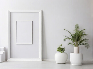 Photo frame mockup room interior with plant and flower