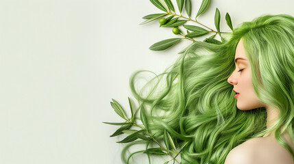 Fototapeta premium Beautiful young woman with green hair,near olive leaves,on white background,place for text