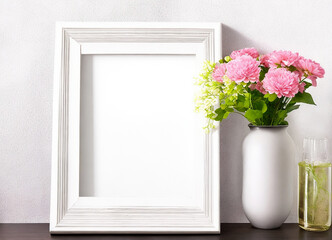 Photo frame mockup room interior with plant and flower