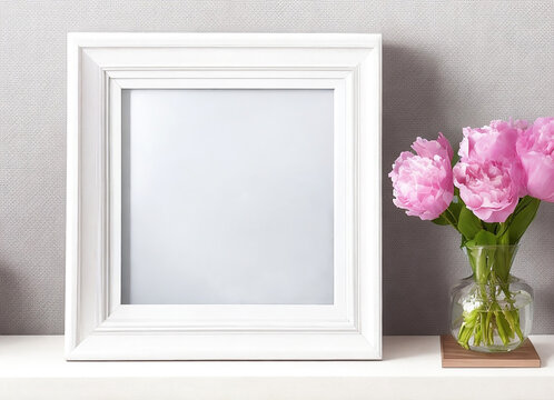 Photo frame mockup room interior with plant and flower