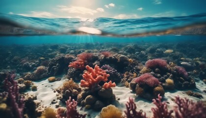 Underwater coral reef seabed view with horizon and water surface split by waterline