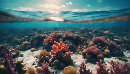 Tafelkleed Underwater coral reef seabed view with horizon and water surface split by waterline © Adi
