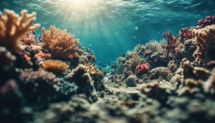 Fototapeten Underwater coral reef seabed view with horizon and water surface split by waterline © Adi