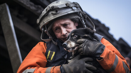 Heroic moment as a disabled dog is carefully lifted to safety embodying resilience and the spirit of rescue