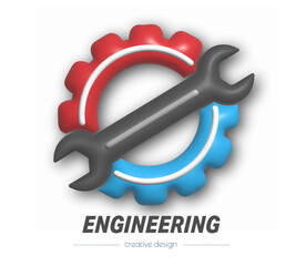 A 3D gear and a mechanical key, a symbol of repair, industry or production. A 3D vector for a logo, emblem, sticker or brand. Template for websites, applications and creative ideas