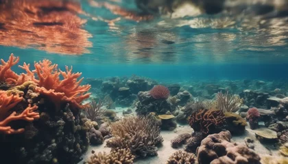 Deurstickers Underwater coral reef seabed view with horizon and water surface split by waterline © Adi