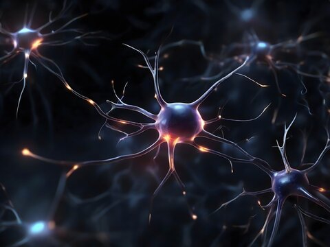 Celula nerviosa, neurona comunicandose con otras neuronas en un fondo obscuro. Intercomunicacion celular 