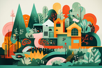 Illustrations of geometric abstract houses. Street of houses and trees.
