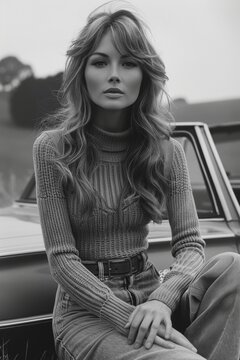 In a vintage black and white photograph, a 1970s model in a sweater casually sits on the hood of a sports car