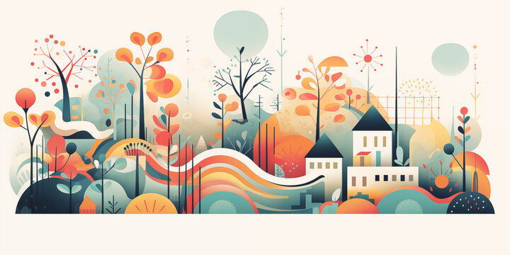 Illustrations of geometric abstract houses. Street of houses and trees.
