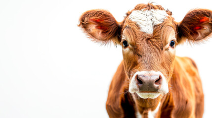 Curious Brown and White Cow Staring Forward Against a Blank Background