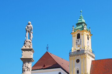 Statue of Roland Fountain and City Hall at Main Square in Bratislava Old Town, Slovakia