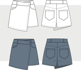 Short Pants skirt technical fashion illustration. Skirt and Shorts fashion flat technical drawing template, front, back view women CAD mockup set.