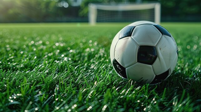 A soccer ball is lying on the grass of a football field. Close-up. A football goal is visible on a blurred background. Space for text. Grassy playground.