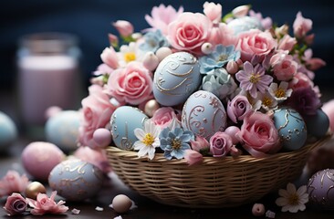 a basket full of colorful Easter eggs and flowers