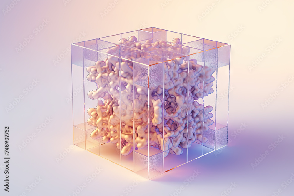 Poster Ethereal geometric sculpture with a cube shape. Shiny crystal cube structure with vibrant colors in vaporwave and y2k style.