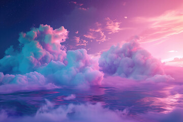 Tranquil seascape with cotton candy clouds reflecting in undisturbed water, fitting for relaxation guides, sleep aid applications, and artistic environmental presentations. High quality illustration - obrazy, fototapety, plakaty