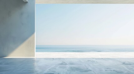 A blank empty room interior background with a minimalist coastal design concept, featuring light colors, natural textures, and a relaxed atmosphere