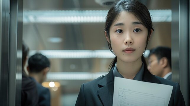 A cinematic zoom out reveals a Japanese female office worker in a sleek black suit, focused on her documents amidst a crowded elevator
