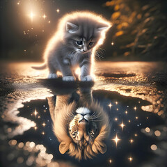 Cute kitty staring into a water puddle and sees a lion's face reflection with stars