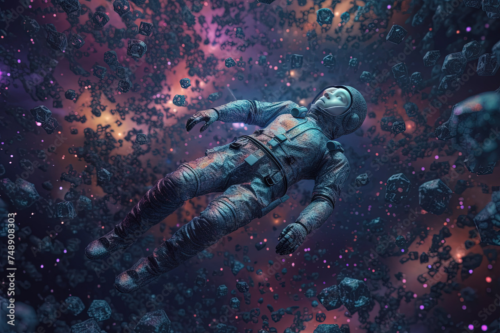 Poster astonaut soaring in astral space in magic trip with surreal sparkles and aura.