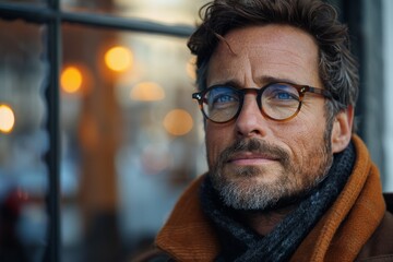 A mature man with stylish glasses and a gray scarf appears contemplative while looking out a window