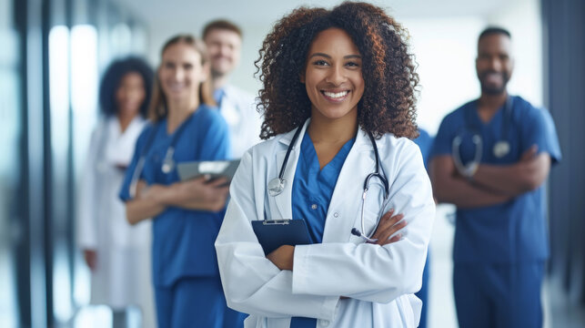 diverse group of smiling healthcare professionals, including doctors and nurses