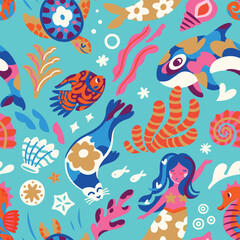 Wonderful whimsical ocean in bright vibrant colours. Vector pattern design - 748908764